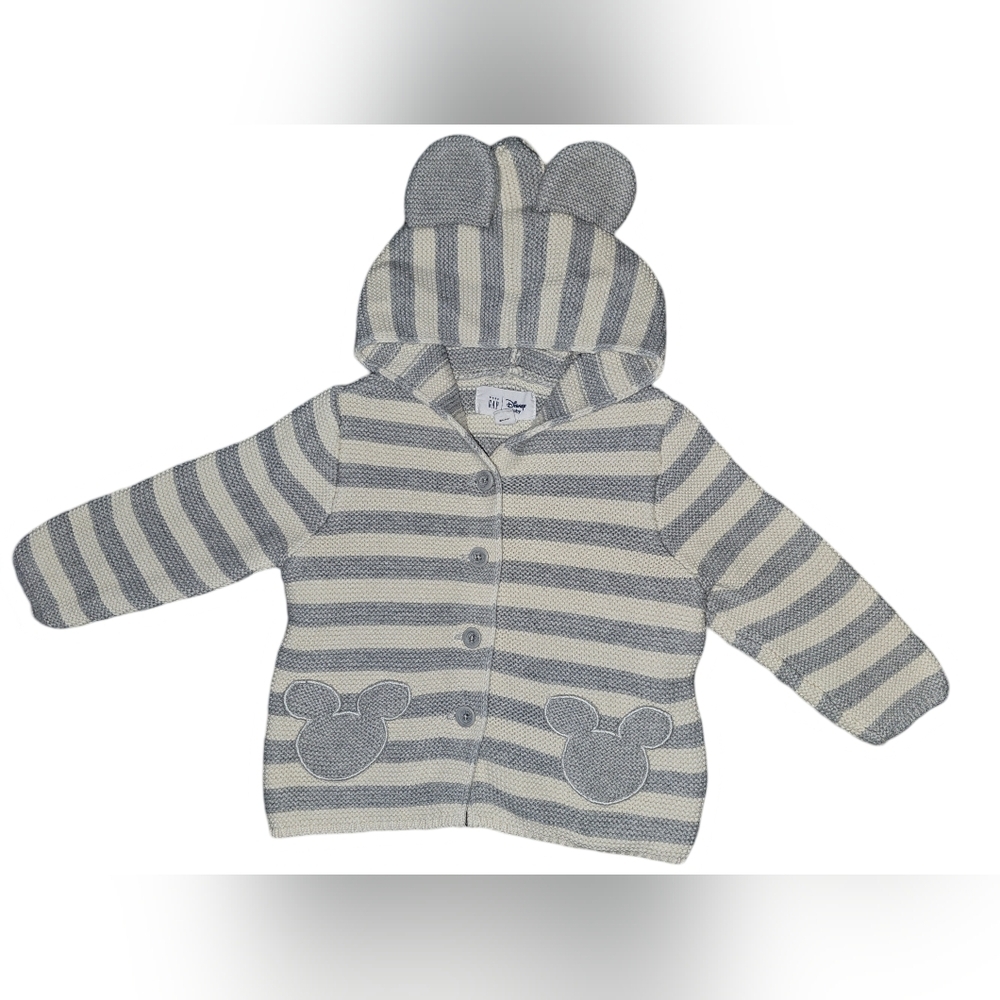 babyGap Disney Mickey Mouse Cardigan Hoodie Gray Striped Sz 18-24M - Picture 1 of 8